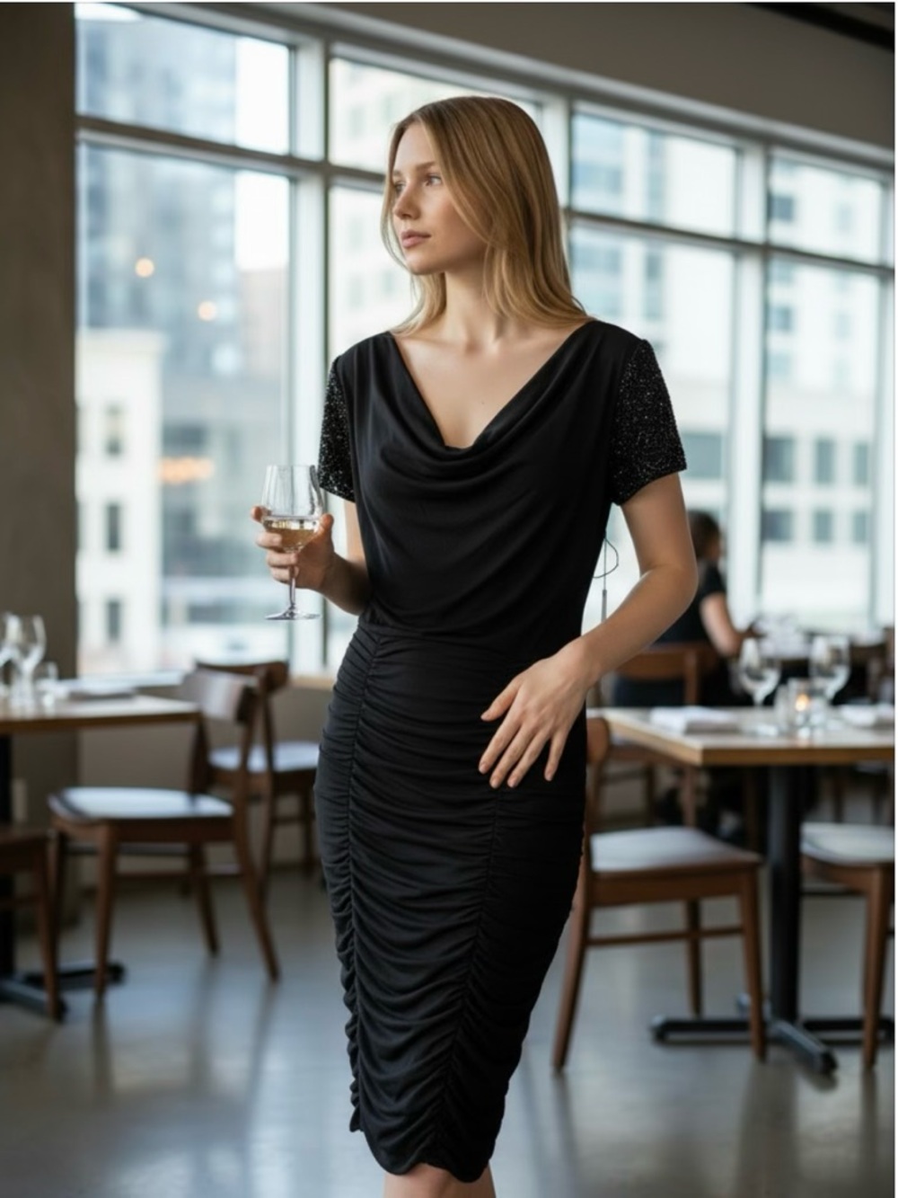 Teri Jon Black Cowl Neck Ruched Midi Dress with Sparkle Short Sleeves